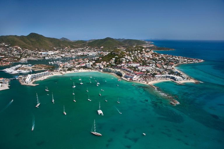 An aerial shot of Philipsburg and Simpson Bay, St Martin, Caribbean