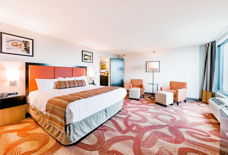 Double room at Radisson Hotel Denver – Aurora, featuring a striking red wiggly-patterned carpet.