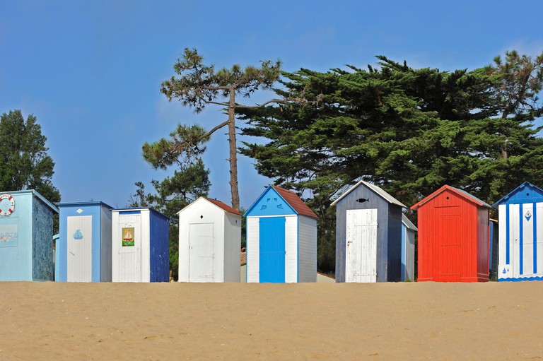 Colourful beach cabins at Saint-Denis-d'Oleron on the island Ile d'Oleron, Charente-Maritime, France September 2012