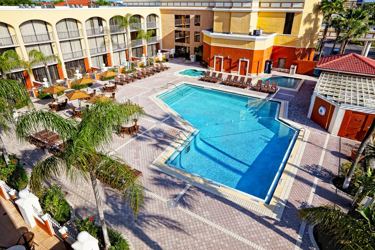 Aerial view of the outdoor pool in an inner courtyard at Westgate Towers Resort