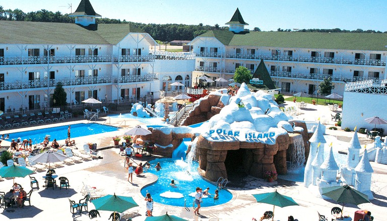 Polar themed outdoor pool area at Clarion Hotel & Suites, with artificial ice castle, waterfalls and caves.