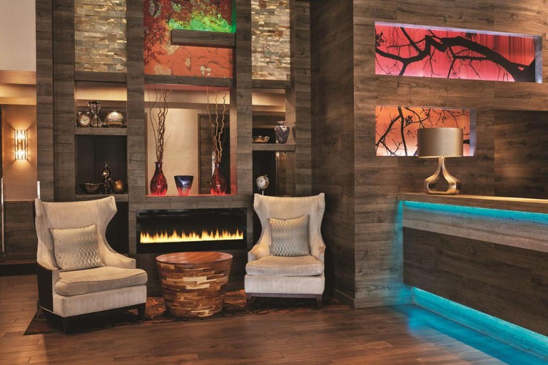 Bar area at Country Inn and Suites by Radisson, Newark Airport with a long fireplace, modern design, tree art, glass ornaments and mood lighting