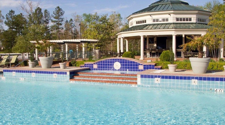 Outdoor pool at the Greensprings Vacation Resort with plants and lawns