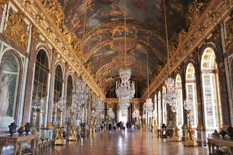 The dazzling Hall of Mirrors in the Palace of Versailles, France