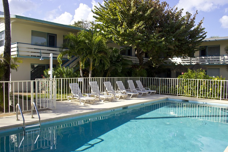 The outdoor pool with white sun loungers, trees and a fence around the pool area at Sea Spray Inn