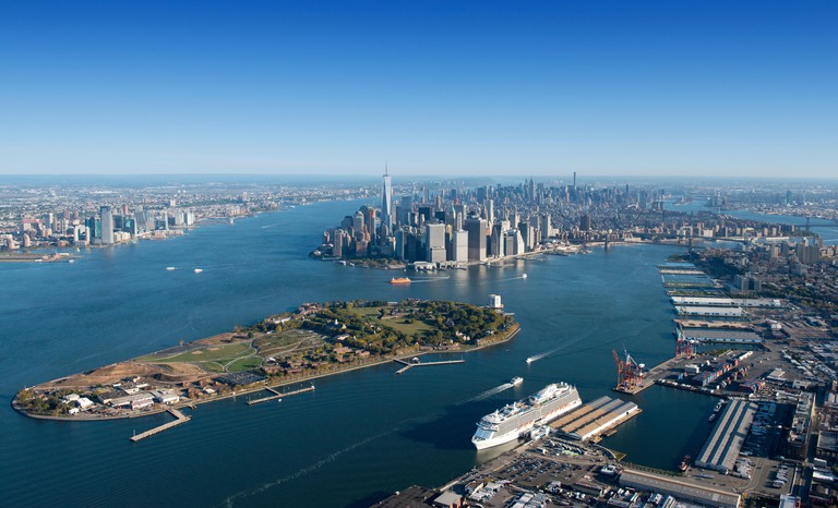 Aerial shot of Governors Island, Brooklyn and Manhattan in New York City USA