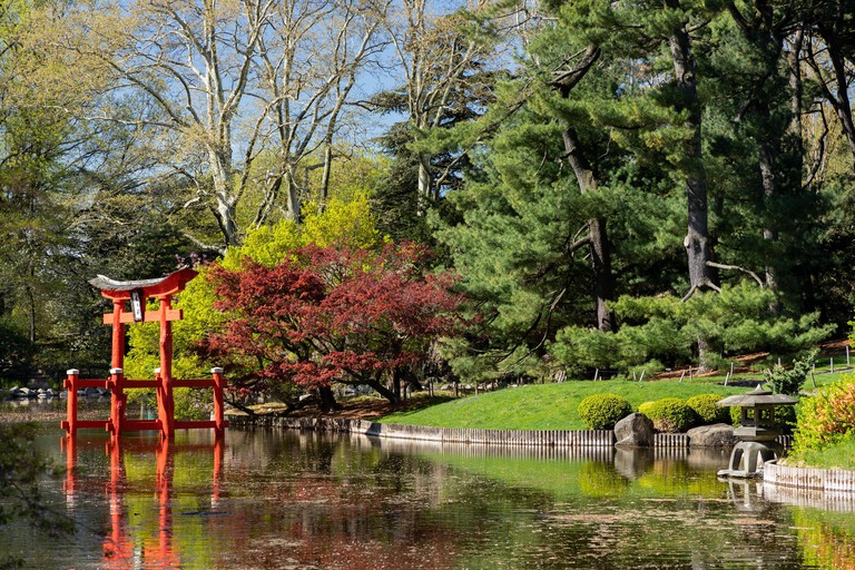 Torii gate at the Japanese Hill-and-Pond Garden in Brooklyn Botanic Garden in Brooklyn, New York on April 24, 2019.
