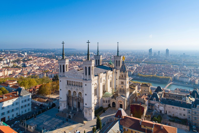 Lyon, Aerial view of Notre Dame de Fourviere Basilica