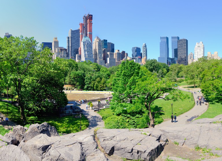 A skyline of Central Park South in New York City, with many green trees, grass and pathways with a city backdrop