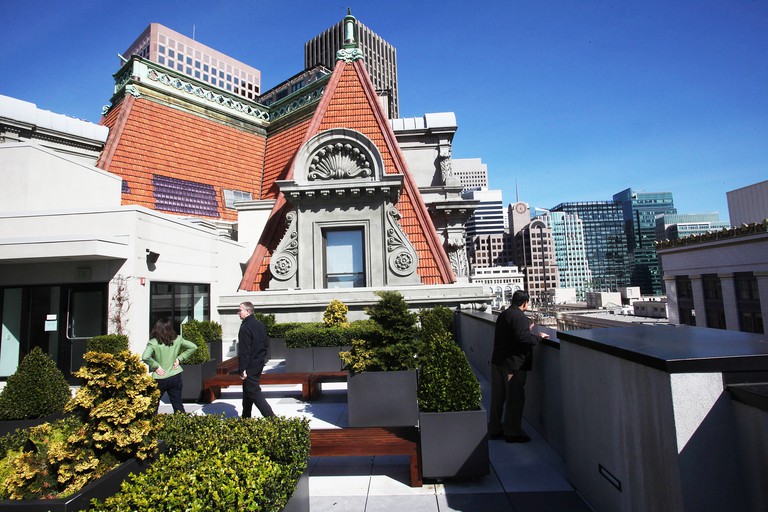 11th floor terrace of One Kearny provides a unique glimpse of the regal mansard roof of the 1906 landmark