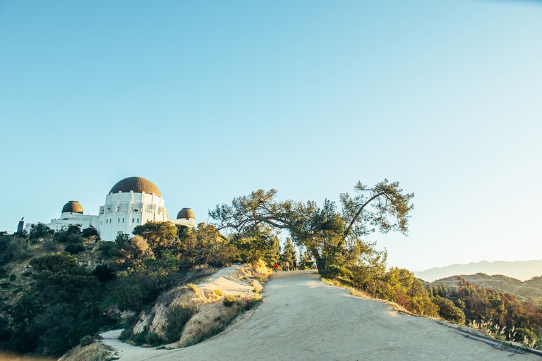 A hillside path flanked by foliage leads up to the white, domed Griffith Observatory
